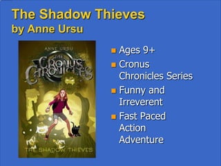 • Mystery with History
   – The Book of Blood and Shadow by Robin Wasserman.
     Knopf 2012 (Teen)
• Backpacking Central America
   – Wanderlove by Kirsten Hubbard. Delacorte Press 2012
     (Teen)
• Dystopia
   – Pure by Julianna Baggott. Hachette Book Group. 2012
     (Adult)
• Flesh Eating Bacteria
   – Catch & Release by Blythe Woolston. Carolrhoda Lab 2012
     (Teen)
 