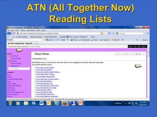 Great Sources
• Novelist
• All Together Now Reading Lists, atn-reading-
  lists.wikispaces.com/Read+Alikes
• BookHive at Charlotte Mecklenburg Library,
  www.cmlibrary.org/bookhive/books/
• St. Charles Library, http://www.st-
  charles.lib.il.us/ys/good_reads.htm
 