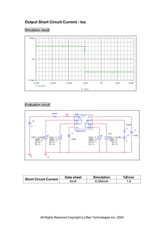 Output Short Circuit Current - Ios

Simulation result




Evaluation circuit

                             1nRload         Vout         U12
                                                          OUT1         VCC

        V6                                                -IN1         OUT2

                                                          +IN1         -IN2                                  Rload2
    0
                                                          VEE          +IN2                                  1n
                                                                                                                      V+
                                                          NJM022_SUB
                                                     V-                                   Vin2
                      Vin               Vi                                          Vi2                          V7   15Vdc
    VOFF = -5.0228m         VOFF = 0                                    VOFF = 0          VOFF = -5.0228m
       VAMPL = 0            VAMPL = 0               -15Vdc              VAMPL = 0          VAMPL = 0
       FREQ = 0             FREQ = 0                                    FREQ = 0            FREQ = 0         0
       AC = 0               AC = 0                                      AC = 0                AC = 0
       DC = 0               DC = 0                                      DC = 0                DC = 0




    0                  0




                                             Data sheet                       Simulation                    %Error
Short Circuit Current
                                                6mA                            6.084mA                       1.4




              All Rights Reserved Copyright (c) Bee Technologies Inc. 2004
 
