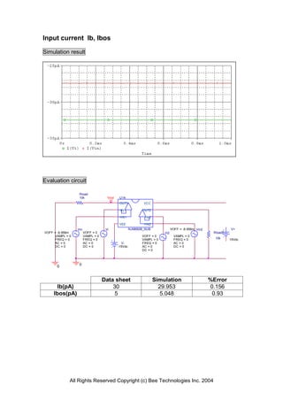 Input current Ib, Ibos

Simulation result




Evaluation circuit

                  Rload
                  10k                Vout    U14
                                             OUT1           VCC

                                             -IN1           OUT2

                                             +IN1            -IN2

                                             VEE            +IN2
                 Vin                Vi               NJM082B_SUB              VOFF = -9.956m Vin2             V+
VOFF = -9.956m         VOFF = 0                                         Vi2                          Rload2
     VAMPL = 0         VAMPL = 0                           VOFF = 0             VAMPL = 0
     FREQ = 0          FREQ = 0                            VAMPL = 0            FREQ = 0              10k     15Vdc
     AC = 0            AC = 0                 V-           FREQ = 0             AC = 0
     DC = 0            DC = 0               -15Vdc         AC = 0               DC = 0
                                                           DC = 0




      0           0



                                   Data sheet                       Simulation                      %Error
     Ib(pA)                            30                             29.953                        0.156
    Ibos(pA)                            5                              5.048                         0.93




             All Rights Reserved Copyright (c) Bee Technologies Inc. 2004
 
