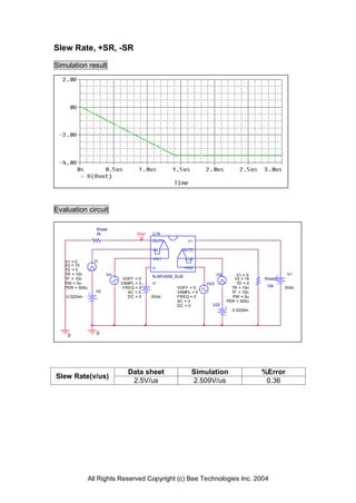 Slew Rate, +SR, -SR

Simulation result




Evaluation circuit

                   Rload
                   2k                Vout    U16
                                             OUT1            V+

                                             -IN1       OUT2

                                             +IN1           -IN2
   V1 = 0         Vi
   V2 = 10
   TD = 0                                    V-             +IN2
   TR = 10n             Vin                                               Vi2       V1 = 0            V+
                                             NJM14558_SUB
   TF = 10n                    VOFF = 0                                            V2 = 14   Rload2
   PW = 5u                    VAMPL = 0      V-                    Vin2             TD = 0
   PER = 500u                  FREQ = 0               VOFF = 0                    TR = 10n    10k     5Vdc
                   V2            AC = 0               VAMPL = 0                   TF = 10n
   -3.0224m                      DC = 0     -5Vdc     FREQ = 0                    PW = 5u
                                                      AC = 0                    PER = 500u
                                                      DC = 0          V22
                                                                                  -3.0224m




    0              0




                                 Data sheet                    Simulation                    %Error
Slew Rate(v/us)
                                  2.5V/us                      2.509V/us                      0.36




                All Rights Reserved Copyright (c) Bee Technologies Inc. 2004
 