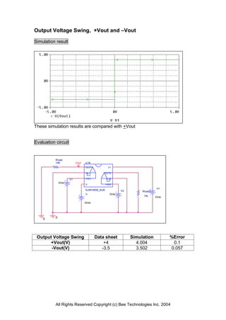 Output Voltage Swing, +Vout and –Vout

Simulation result




These simulation results are compared with +Vout


Evaluation circuit


           Rload
           10K             Vout    U16
                                   OUT1            V+

                                   -IN1       OUT2

                      V1           +IN1           -IN2
               0Vdc
                                   V-             +IN2
                                                                               V+
                                   NJM14558_SUB             V2        Rload2
                                   V-                0Vdc
                                                                       10k     5Vdc

                                  -5Vdc




    0      0




 Output Voltage Swing                     Data sheet             Simulation           %Error
      +Vout(V)                                +4                   4.004               0.1
       -Vout(V)                              -3.5                  3.502              0.057




           All Rights Reserved Copyright (c) Bee Technologies Inc. 2004
 