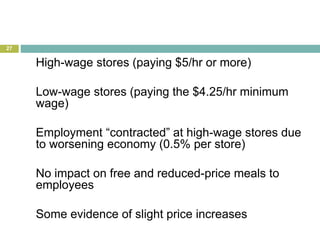 27
High-wage stores (paying $5/hr or more)
Low-wage stores (paying the $4.25/hr minimum
wage)
Employment “contracted” at high-wage stores due
to worsening economy (0.5% per store)
No impact on free and reduced-price meals to
employees
Some evidence of slight price increases
 