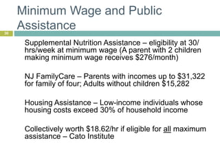 Minimum Wage and Public
Assistance30
Supplemental Nutrition Assistance – eligibility at 30/
hrs/week at minimum wage (A parent with 2 children
making minimum wage receives $276/month)
NJ FamilyCare – Parents with incomes up to $31,322
for family of four; Adults without children $15,282
Housing Assistance – Low-income individuals whose
housing costs exceed 30% of household income
Collectively worth $18.62/hr if eligible for all maximum
assistance – Cato Institute
 