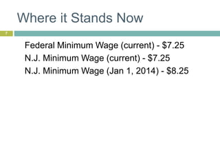 Where it Stands Now
7
Federal Minimum Wage (current) - $7.25
N.J. Minimum Wage (current) - $7.25
N.J. Minimum Wage (Jan 1, 2014) - $8.25
 