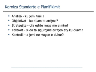 Korniza Standarte e Planifikimit  Analiza - ku jemi tani ? Objektivat - ku duam te arrijme? Strategjite - cila eshte rruga me e mire? Taktikat - si do ta sigurojme arritjen aty ku duam? Kontrolli - a jemi ne rrugen e duhur? 