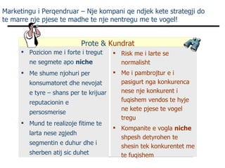 Marketingu i Perqendruar – Nje kompani qe ndjek kete strategji do te marre nje pjese te madhe te nje nentregu me te vogel! Pozicion me i forte i tregut ne segmete apo  niche Me shume njohuri per konsumatoret dhe nevojat e tyre – shans per te krijuar reputacionin e persosmerise Mund te realizoje fitime te larta nese zgjedh segmentin e duhur dhe i sherben atij sic duhet  Risk me i larte se normalisht Me i pambrojtur e i pasigurt nga konkurenca nese nje konkurent i fuqishem vendos te hyje ne kete pjese te vogel tregu Kompanite e vogla  niche  shpesh detyrohen te shesin tek konkurentet me te fuqishem  Prote &  Kundrat 