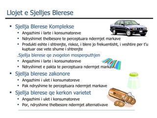 Llojet e Sjelljes Blerese Sjellja Blerese Komplekse Angazhimi i larte i konsumatoreve Ndryshimet thelbesore te perceptuara ndermjet markave Produkti eshte i shtrenjte, riskoz, i blere jo frekuentisht, i veshtire per t’u kuptuar ose vete shume i shtrenjte  .Sjellja blerese qe zvogelon mosperputhjen Angazhimi i larte i konsumatoreve Ndryshimet e pakta te perceptuara ndermjet markave Sjellja blerese zakonore  Angazhimi i ulet i konsumatoreve Pak ndryshime te perceptuara ndermjet markave Sjellja blerese qe kerkon varietet Angazhimi i ulet i konsumatoreve Por, ndryshime thelbesore ndermjet alternativave 