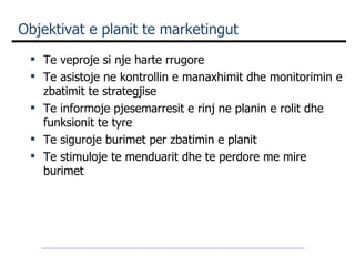 Te veproje si nje harte rrugore Te asistoje ne kontrollin e manaxhimit dhe monitorimin e zbatimit te strategjise Te informoje pjesemarresit e rinj ne planin e rolit dhe funksionit te tyre Te siguroje burimet per zbatimin e planit Te stimuloje te menduarit dhe te perdore me mire burimet Objektivat e planit te marketingut 