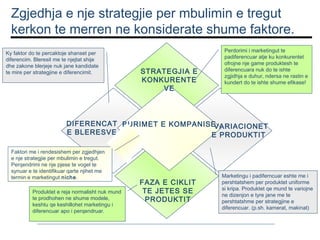 Zgjedhja e nje strategjie per mbulimin e tregut
kerkon te merren ne konsiderate shume faktore.
Ky faktor do te percaktoje shanset per
diferencim. Bleresit me te njejtat shije
dhe zakone blerjeje nuk jane kandidate
te mire per strategjine e diferencimit.

STRATEGJIA E
KONKURENTE
VE

Perdorimi i marketingut te
padiferencuar atje ku konkurentet
ofrojne nje game produktesh te
diferencuara nuk do te ishte
zgjidhja e duhur, ndersa ne rastin e
kundert do te ishte shume efikase!

DIFERENCAT BURIMET E KOMPANISE
VARIACIONET
E BLERESVE
E PRODUKTIT
Faktori me i rendesishem per zgjedhjen
e nje strategjie per mbulimin e tregut.
Perqendrimi ne nje pjese te vogel te
synuar e te identifikuar qarte njihet me
termin e marketingut niche.
Produktet e reja normalisht nuk mund
te prodhohen ne shume modele,
keshtu qe keshillohet marketingu i
diferencuar apo i perqendruar.

FAZA E CIKLIT
TE JETES SE
PRODUKTIT

Marketingu i padiferncuar eshte me i
pershtatshem per produktet uniforme
si kripa. Produktet qe mund te variojne
ne dizenjon e tyre jane me te
pershtatshme per strategjine e
diferencuar. (p.sh. kamerat, makinat)

 