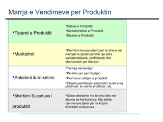 Marrja e Vendimeve per Produktin
Tiparet e Produktit

Marketimi

Cilesia e Produktit
Karakteristikat e Produktit
Dizenjo e Produktit

Premtimi konsumatorit per te dhene ne
menyre te qendrueshme nje sere
karakteristikash, perfitimesh dhe
sherbimesh per bleresin
Terheq vemendjen

Paketimi & Etiketimi

Pershkruan permbajtjen
Promovon shitjen e produktit
Etiketa pershkruan produktin: kush e ka
prodhuar, ku eshte prodhuar, etj.

Sherbimi Suportues i

produktit

Ofron sherbime me te mira dhe me
shume se konkurenca. Kjo eshte
nje menyre tjeter per te krijuar
avantazh konkurues.

 