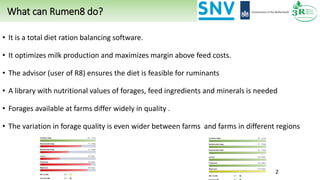 What can Rumen8 do?
• It is a total diet ration balancing software.
• It optimizes milk production and maximizes margin above feed costs.
• The advisor (user of R8) ensures the diet is feasible for ruminants
• A library with nutritional values of forages, feed ingredients and minerals is needed
• Forages available at farms differ widely in quality .
• The variation in forage quality is even wider between farms and farms in different regions
2
 