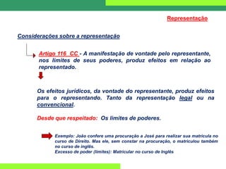 Artigo 116 CC - A manifestação de vontade pelo representante,
nos limites de seus poderes, produz efeitos em relação ao
representado.
Considerações sobre a representação
Representação
Os efeitos jurídicos, da vontade do representante, produz efeitos
para o representando. Tanto da representação legal ou na
convencional.
Desde que respeitado: Os limites de poderes.
Exemplo: João confere uma procuração a José para realizar sua matricula no
curso de Direito. Mas ele, sem constar na procuração, o matriculou também
no curso de inglês.
Excesso de poder (limites): Matricular no curso de Inglês
 