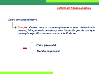 Defeitos do Negócio Jurídico
Vícios do consentimento
Coação: Ocorre com o constrangimento a uma determinada
pessoa, feita por meio de ameaça com intuito de que ela pratique
um negócio jurídico contra sua vontade. Pode ser :
• Física (absoluta)
• Moral (compulsiva)
 