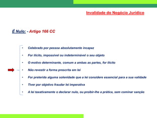 É Nulo: - Artigo 166 CC
• Celebrado por pessoa absolutamente incapaz
• For ilícito, impossível ou indeterminável o seu objeto
• O motivo determinante, comum a ambas as partes, for ilícito
• Não revestir a forma prescrita em lei
• For preterida alguma solenidade que a lei considere essencial para a sua validade
• Tiver por objetivo fraudar lei imperativa
• A lei taxativamente o declarar nulo, ou proibir-lhe a prática, sem cominar sanção
Invalidade do Negócio Jurídico
 