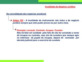 Artigo 183 - A invalidade do instrumento não induz a do negócio
jurídico sempre que este puder provar-se por outro meio.
Exemplo: Locação. Contrato. Incapaz. Curador.
Não há falar em nulidade pelo fato de não ter constado o nome
do incapaz no contrato, mas sim da curadora que sempre agiu
no interesse da pupila do incapaz, depois de nomeada por
decisão judicial para o exercício da curatela.
Da convalidação dos negócios anuláveis
Invalidade do Negócio Jurídico
 