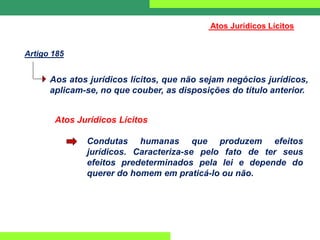 Aos atos jurídicos lícitos, que não sejam negócios jurídicos,
aplicam-se, no que couber, as disposições do título anterior.
Artigo 185
Atos Jurídicos Lícitos
Atos Jurídicos Lícitos
Condutas humanas que produzem efeitos
jurídicos. Caracteriza-se pelo fato de ter seus
efeitos predeterminados pela lei e depende do
querer do homem em praticá-lo ou não.
 