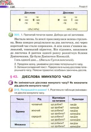 -.1і
Дієслово Дієслово
-ш -ш
Е -мо Є -мо
-те -те
-уть (-ють)
-ш -ш
И -мо ї -мо
-те -те
-ать (-ять)
309 1. Прочитай початок казки. Добери до неї заголовок.
Настала весна. Із землі проклюнулася зелена стрілоч­
ка. Вона швидко розділилася на два листочки, які через
короткий час стали широкими. А між ними з’явився ма­
ленький, тоненький паросток. Він піднявся, нахилився
до листочка й раптом одного ранку розквітнув білими
Дзвіночками. Це були Дзвіночки Конвалій.
І ось одного дня... (Василь Сухомлинський).
2. Продовж казку, уживаючи дієслова теперішнього часу.
3. Запиши складений текст. Підкресли в ньому дієслова тепе­
рішнього часу. Поясни правопис особових закінчень дієслів.
§ 4 3 . ДІЄСЛОВА МИНУЛОГО ЧАСУ
{ у Як змінюються дієслова минулого часу? Як визначити
рід дієслів минулого часу?
310. Попрацюйте разом! 1. Розгляньте таблицю змінюван­
ня дієслів минулого часу.
Число Рід
Відповідає
на питання
Приклади
Однина
чоловічий
жіночий
середній
що робив?
що зробив?
що робила?
що зробила?
що робило?
що зробило?
писав
написав
писала
написала
писало
написало
Множина
— що робили?
що зробили?
писали
написали
Розділ 4
 