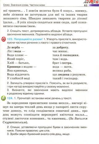 Слово. Значення слова. Частини мови 63
ної травичк.. . І зовсім нелегко було б козул.. взимку,
якби лісники не заготували для неї та інших тварин
запашного сіна. Швидко звикають тварини до лісової
їдальн.. . З усіх кінців сходяться вони сюди, щоб пожи­
витися смачною їжею.
2. Спишіть текст, дотримуючись абзаців. Уставте пропущені
закінчення іменників. Порівняйте виділені абзаци.
|У | 123. Попрацюйте разом! 1. Утворіть прислів’я, використо­
вуючи частини речення з лівого і правого стовпчиків.
Де верба — за доброту.
Ліс і вода— час минає.
Вода пливе — така й господиня.
Який поріг, там і вода.
Хліб — батько, брат і сестра.
Криниця з водою — вода — мати.
Яка криниця, велика риба.
Вода віддячить що людина з розумом.
У глибокій воді такий і господар.
2. Запишіть утворені прислів’я. Поясніть, як ви їх розумієте,
і при нагоді використовуйте у своєму мовленні.
3. Визначте, які закінчення мають виділені іменники
в родовому відмінку однини.
■ЦІ 124. 1. Прочитай і встанови межі речень у тексті.
За народними прикметами поява веселк.. ввечері ві­
щує на завтра теплий день якщо у папороті листя скру­
чене донизу, то слід сподіватися сонячної днин., про
дощ можуть сповіщати нерозкриті квіточки мальв..,
стулені листочки конюшин., та квасениц.. (За Василем
Скуратівським).
2. Спиши, уставляючи пропущені букви в закінченнях імен­
ників. Поясни правопис цих слів.
3. Зроби звуко-буквений аналіз слів дощ, якщо.
 