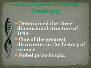 Determined the three-dimensional 
structure of 
DNA 
One of the greatest 
discoveries in the history of 
science 
Nobel prize in 1962 
3 
 