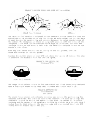 FEMALE'S SERVICE DRESS BLUE COAT (Officers/CPOs)




                Chief Petty Officer                            Officer

The JROTC bar and rank/rate insignias for the female's Service Dress Blue coat are
positioned on the rounded end of the coat collar as shown above. The vertical axis
of each insignia is parallel to, and centered between, the outer rounded edges of
the collar. The insignias are fixed in an upright position with the center of the
insignias 1 inch from the semicircular bottom edge of the collar. The JROTC bar
insignia is worn on the wearer's left side; the rank/rate insignia is worn on the
wearer's right side.

Name tag and ribbons are parallel to the top of the coat pocket, 1/4-inch
above and centered on the coat pocket.

Service designation stars are worn 1/4-inch above the top row of ribbons. One star
is centered, and multiple stars are 1/4-inch apart.

                              FEMALE'S COMBINATION CAP
                                   (Officers/CPOs)




     Chief Petty Officer                                             Officer


The large fouled anchor is worn on the combination cap. Cadet chief petty officers
wear a black chin strap on the cap; cadet officers wear a gold chin strap.

                               FEMALE'S GARRISON CAP
                                  (Officers/CPOs)
                                     (Optional)

The small fouled anchor and rank/rate insignias are worn on the garrison cap for
officers and chiefs. The anchor is worn on the wearer's left side of the cap; the
rank/rate insignia is worn on the wearer's right side. The center of the anchor
insignia and the center of the rank/rate insignia is bisected by a vertical line 2
inches from the fore crease of the garrison cap, and a horizontal line 1 and 1/2-
inches from the bottom edge of the cap.




                                        1-20
 