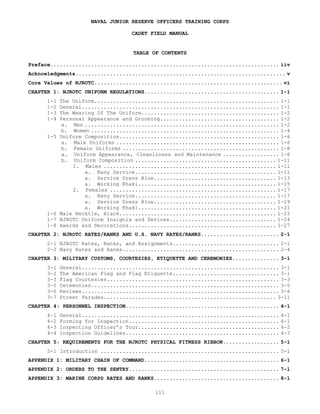 NAVAL JUNIOR RESERVE OFFICERS TRAINING CORPS

                                   CADET FIELD MANUAL


                                   TABLE OF CONTENTS

Preface......................................................................... iiv
Acknowledgments................................................................... v
Core Values of NJROTC............................................................ vi
CHAPTER 1: NJROTC UNIFORM REGULATIONS........................................... 1-1
      1-1   The Uniform........................................................... 1-1
      1-2   General............................................................... 1-1
      1-3   The Wearing Of The Uniform............................................ 1-2
      1-4   Personal Appearance and Grooming...................................... 1-2
             a. Men .............................................................. 1-2
             b. Women ............................................................ 1-4
      1-5   Uniform Composition................................................... 1-6
             a. Male Uniforms .................................................... 1-6
             b. Female Uniforms .................................................. 1-8
             a. Uniform Appearance, Cleanliness and Maintenance .................. 1-8
             b. Uniform Composition ............................................. 1-11
                1. Males ....................................................... 1-11
                    a. Navy Service............................................. 1-11
                    a. Service Dress Blue....................................... 1-13
                    a. Working Khaki............................................ 1-15
                2. Females ..................................................... 1-17
                    a. Navy Service............................................. 1-17
                    a. Service Dress Blue....................................... 1-19
                    a. Working Khaki............................................ 1-21
      1-6   Male Necktie, Black.................................................. 1-23 
      1-7   NJROTC Uniform Insignia and Devices.................................. 1-24 
      1-8   Awards and Decorations............................................... 1-27 
CHAPTER 2: NJROTC RATES/RANKS AND U.S. NAVY RATES/RANKS......................... 2-1
      2-1 NJROTC Rates, Ranks, and Assignments.................................. 2-1
      2-2 Navy Rates and Ranks.................................................. 2-4
CHAPTER 3: MILITARY CUSTOMS, COURTESIES, ETIQUETTE AND CEREMONIES............... 3-1
      3-1   General............................................................... 3-1
      3-2   The American Flag and Flag Etiquette.................................. 3-1
      3-3   Flag Courtesies....................................................... 3-3
      3-5   Ceremonies............................................................ 3-5
      3-6   Reviews............................................................... 3-6
      3-7   Street Parades....................................................... 3-11
CHAPTER 4: PERSONNEL INSPECTION................................................. 4-1
      4-1   General............................................................... 4-1
      4-2   Forming for Inspection................................................ 4-1
      4-3   Inspecting Officer’s Tour............................................. 4-2
      4-4   Inspection Guidelines................................................. 4-3
CHAPTER 5: REQUIREMENTS FOR THE NJROTC PHYSICAL FITNESS RIBBON.................. 5-1
      5-1 Introduction ......................................................... 5-1
APPENDIX 1: MILITARY CHAIN OF COMMAND........................................... 6-1
APPENDIX 2: ORDERS TO THE SENTRY................................................ 7-1
APPENDIX 3: MARINE CORPS RATES AND RANKS........................................ 8-1

                                          iii
 
