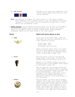 25. Sea Cruise                    Awarded to any cadet upon completion of an
                                     at-sea cruise (vessel must cast off lines
                                     and be underway).



  Note: The awarding of ribbons for those schools on a 4x4 block schedule
        which complete a naval science course in just one semester, the words
        “yearly” or “twice a year” can be interpreted to mean once or twice
        during the one-semester course.

e. Ribbon Devices. The following are devices which will be worn on the ribbons
   you have been awarded. Some of them are devices that go with the ribbon.
   Others are awarded in place of another ribbon award. (They represent
   subsequent awards for the same reason as the first award).

Device                               Ribbon with which device is worn

   a. Lamp                           To be worn on the Honor Cadet ribbon by
                                     each cadet who has also achieved an "A" in
                                     naval science as follows:

                                       Bronze Lamp - NS-1
                                       Silver Lamp - NS-2
                                       Gold Lamp - NS-3 and NS-4

                                     Cadets achieving school honor roll status
                                     for one or more semesters wear a bronze,
                                     silver or gold lamp on the Academic Award
                                     ribbon as described on page 1-30.

   b. Torch                          The Gold Torch is worn on the Aptitude
                                     Award ribbon if the cadet is on both the
                                     academic team and the school honor roll.

                                     Members of the NJROTC academic team wear
                                     the gold torch on the Academic Award ribbon
                                     as described on page 1-30.

                                     When as cadet who has already earned the
                                     former “NSTC Unit Award” ribbon is awarded
                                     the Cadet Achievement ribbon (precedent #5)
                                     by the area manager, a gold torch is
                                     attached to the Cadet Achievement ribbon
                                     indicating both ribbons were earned.
                                     Wearing two ribbons of the same design is
                                     not authorized.
   c. Anchor                         The gold anchor is worn on the following
                                     ribbons: Drill Team, Color Guard, Academic
                                     Award, Pistol/Rifle Team, Physical Fitness,
                                     and Orienteering, by the cadet who is the
                                     present leader or team commander of the
                                     group. This ribbon with anchor is worn on
                                     right side of the team commander's chest.
                                     In addition, the cadet who is selected as

                                     1-32
 