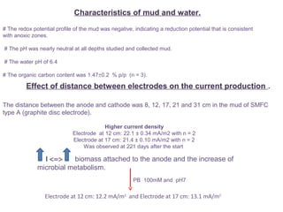 Effect of distance between electrodes on the current production .
The distance between the anode and cathode was 8, 12, 17, 21 and 31 cm in the mud of SMFC
type A (graphite disc electrode).
Higher current density
Electrode at 12 cm: 22.1 ± 0.34 mA/m2 with n = 2
Electrode at 17 cm: 21.4 ± 0.10 mA/m2 with n = 2
Was observed at 221 days after the start
I <=> biomass attached to the anode and the increase of
microbial metabolism.
PB 100mM and pH7
Electrode at 12 cm: 12.2 mA/m2
and Electrode at 17 cm: 13.1 mA/m2
Characteristics of mud and water.
# The redox potential profile of the mud was negative, indicating a reduction potential that is consistent
with anoxic zones.
# The pH was nearly neutral at all depths studied and collected mud.
# The water pH of 6.4
# The organic carbon content was 1.47±0.2 % p/p (n = 3).
 