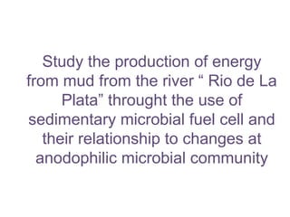 Study the production of energy
from mud from the river “ Rio de La
Plata” throught the use of
sedimentary microbial fuel cell and
their relationship to changes at
anodophilic microbial community
 