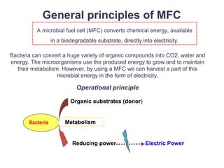 Bacteria
Reducing power
Metabolism
Organic substrates (donor)
Electric Power
Operational principle
A microbial fuel cell (MFC) converts chemical energy, available
in a biodegradable substrate, directly into electricity.
Bacteria can convert a huge variety of organic compounds into CO2, water and
energy. The microorganisms use the produced energy to grow and to maintain
their metabolism. However, by using a MFC we can harvest a part of this
microbial energy in the form of electricity.
General principles of MFC
 