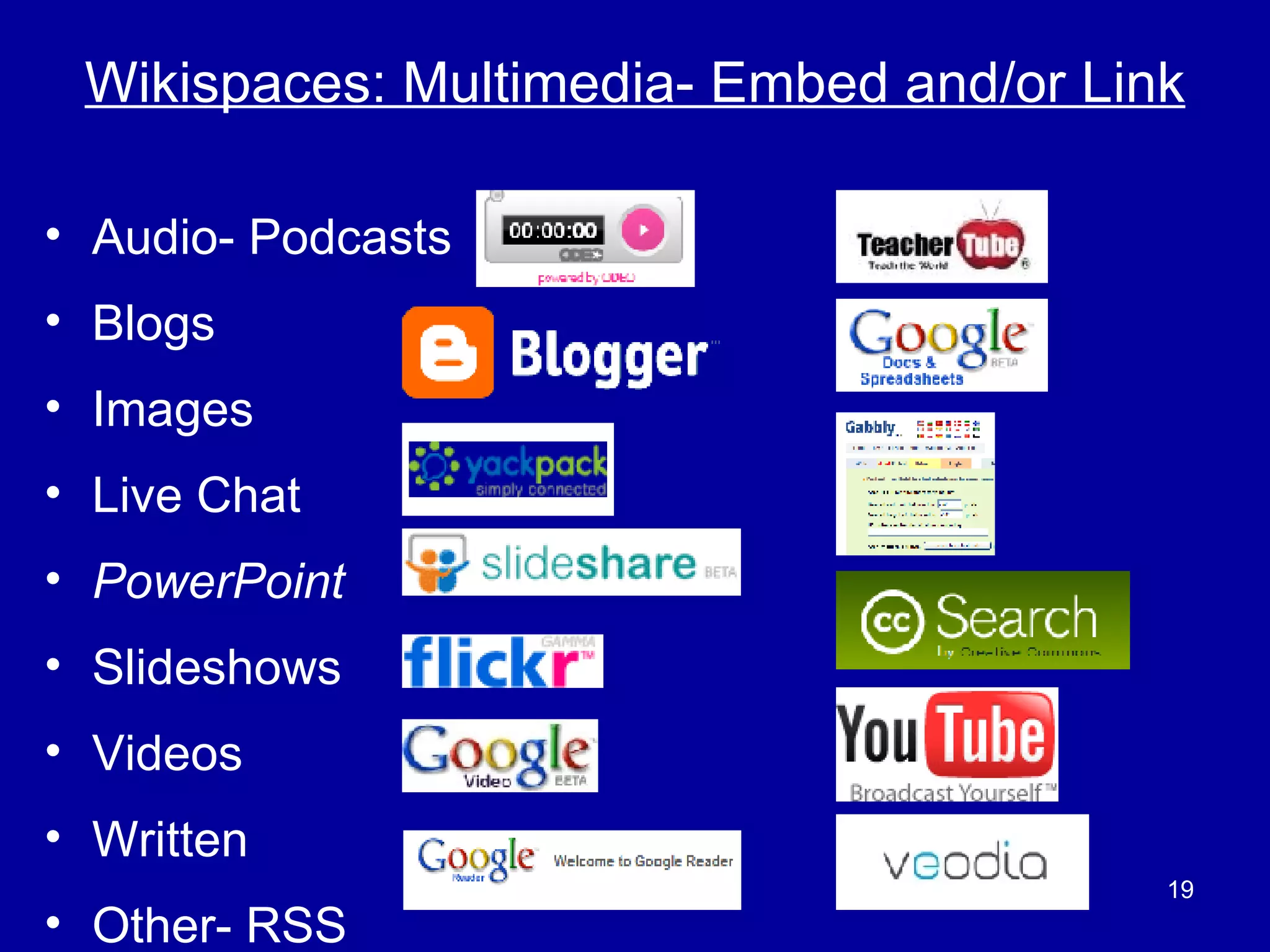 Wikispaces: Multimedia- Embed and/or Link Audio- Podcasts Blogs Images Live Chat PowerPoint Slideshows Videos  Written  Other- RSS 