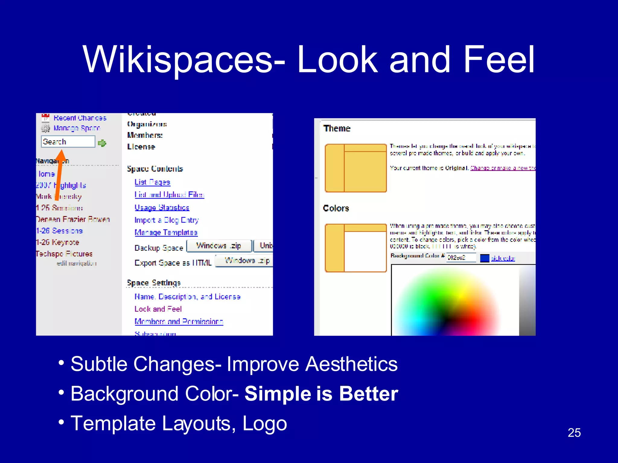 Wikispaces- Look and Feel Subtle Changes- Improve Aesthetics Background Color-  Simple is Better   Template Layouts, Logo 