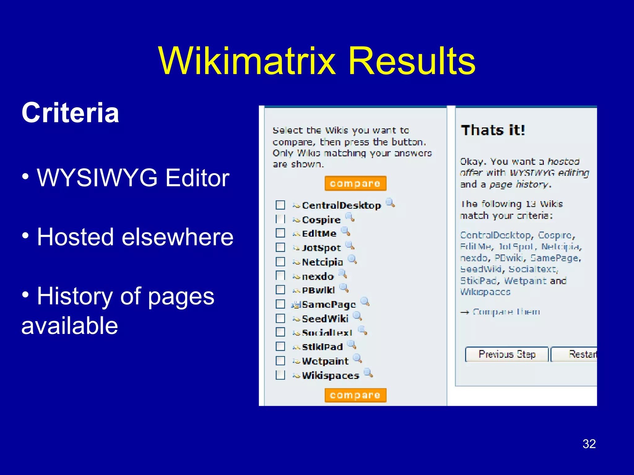 Wikimatrix Results Criteria WYSIWYG Editor Hosted elsewhere History of pages  available 