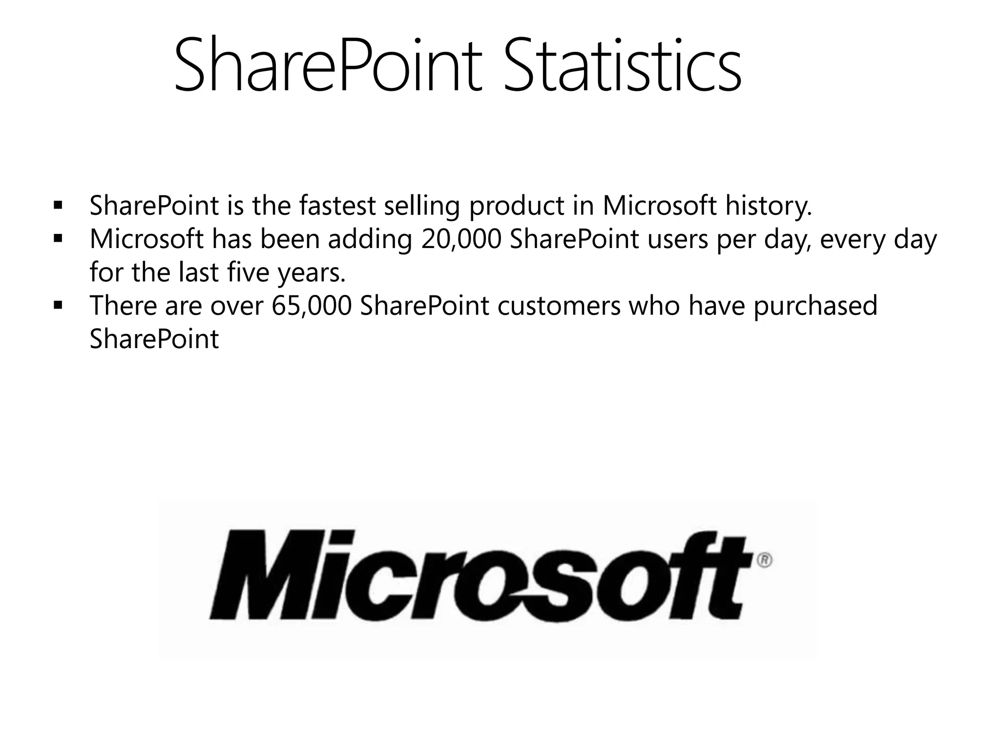 SharePoint Statistics
 SharePoint is the fastest selling product in Microsoft history.
 Microsoft has been adding 20,000 SharePoint users per day, every day
  for the last five years.
 There are over 65,000 SharePoint customers who have purchased
  SharePoint
 