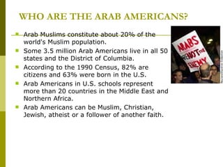 WHO ARE THE ARAB AMERICANS? Arab Muslims constitute about 20% of the world's Muslim population.  Some 3.5 million Arab Americans live in all 50 states and the District of Columbia.  According to the 1990 Census, 82% are citizens and 63% were born in the U.S.  Arab Americans in U.S. schools represent more than 20 countries in the Middle East and Northern Africa.  Arab Americans can be Muslim, Christian, Jewish, atheist or a follower of another faith.   