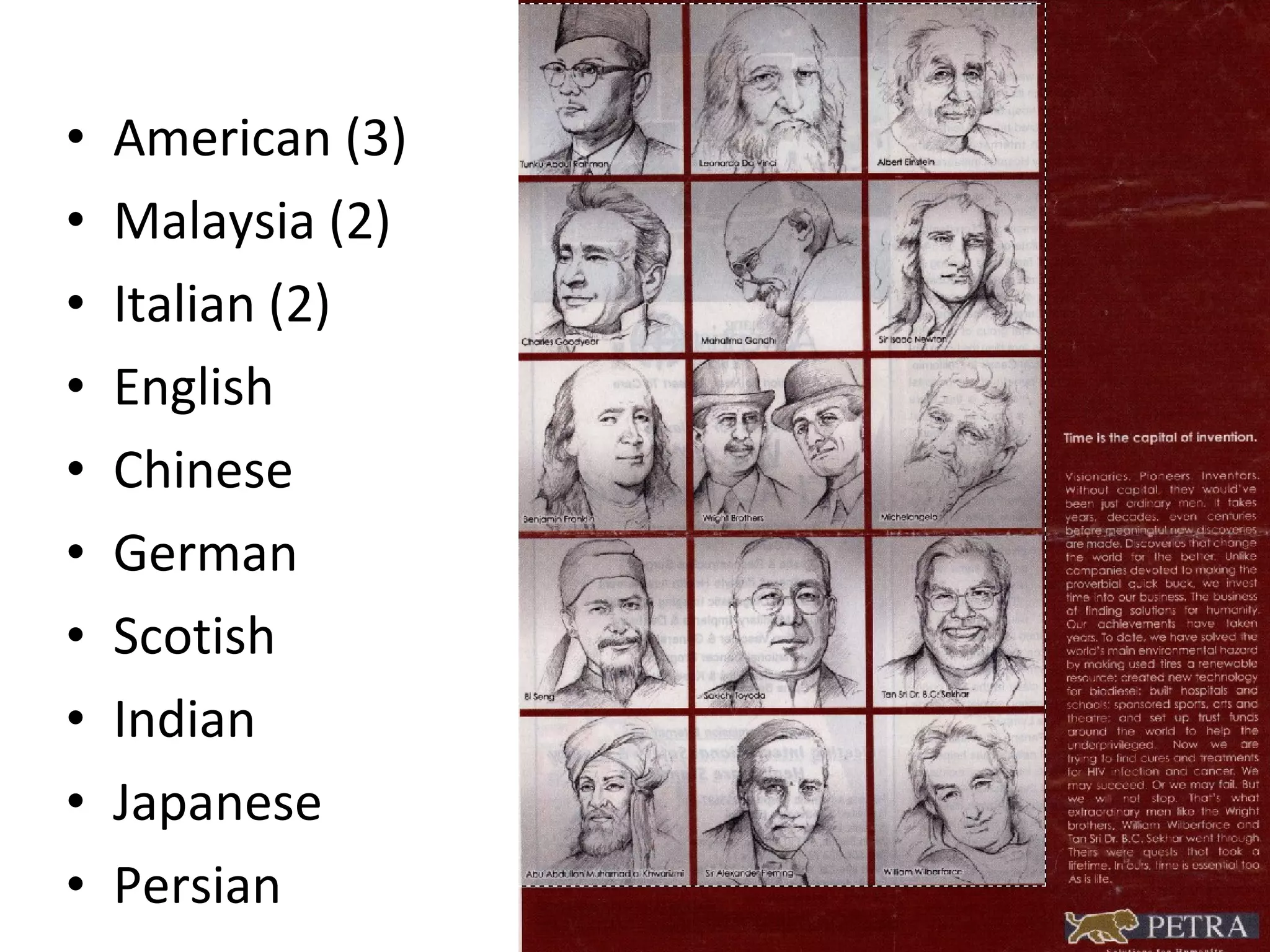 • American (3)
• Malaysia (2)
• Italian (2)
• English
• Chinese
• German
• Scotish
• Indian
• Japanese
• Persian
 