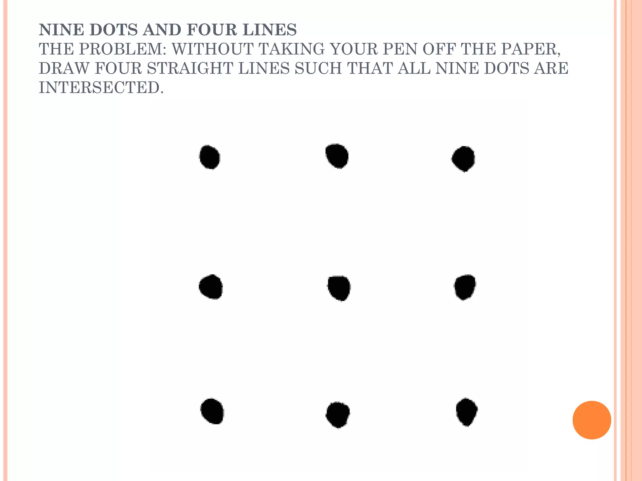 NINE DOTS AND FOUR LINES
THE PROBLEM: WITHOUT TAKING YOUR PEN OFF THE PAPER,
DRAW FOUR STRAIGHT LINES SUCH THAT ALL NINE DOTS ARE
INTERSECTED.
 