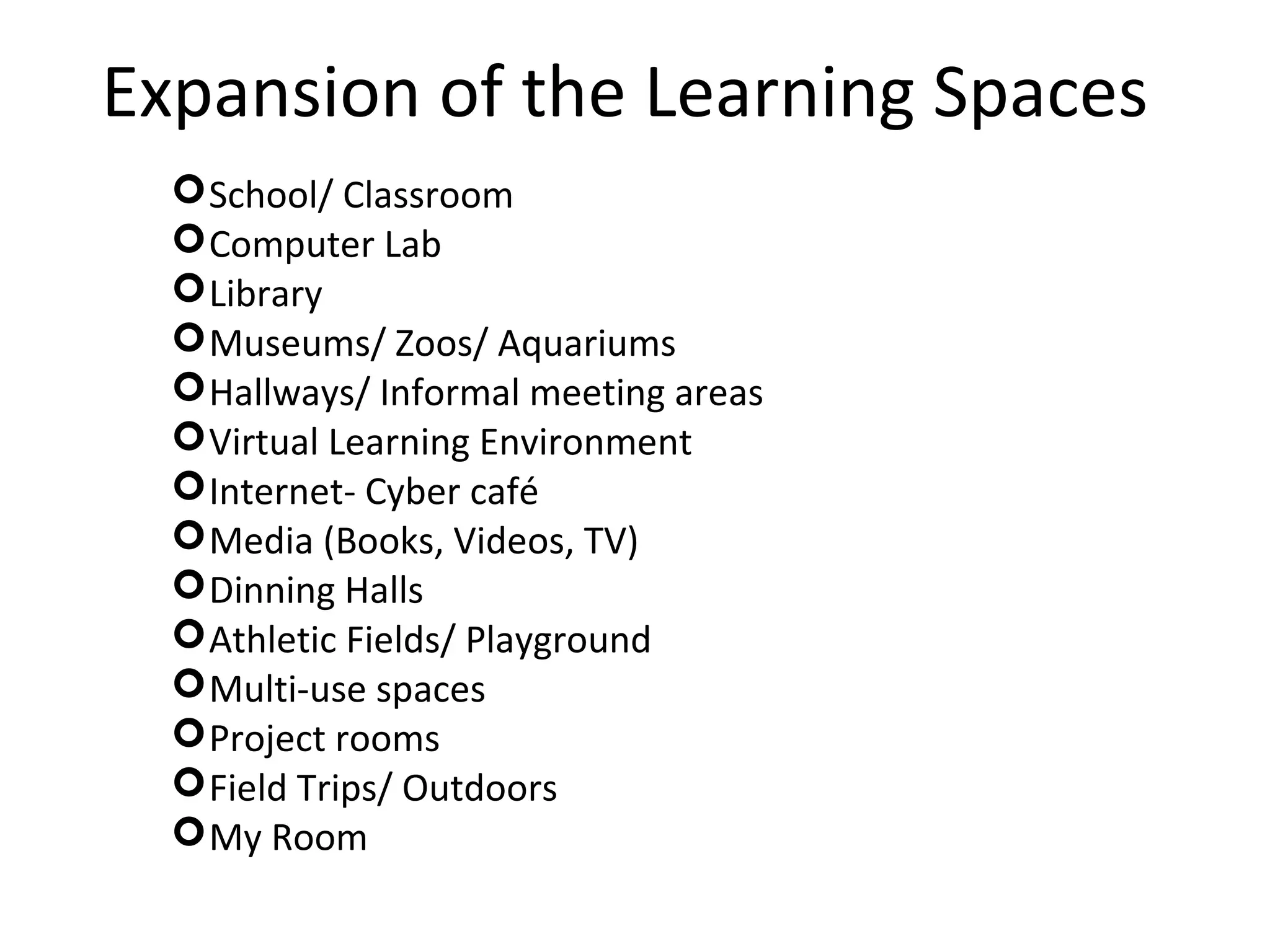Expansion of the Learning Spaces
School/ Classroom
Computer Lab
Library
Museums/ Zoos/ Aquariums
Hallways/ Informal meeting areas
Virtual Learning Environment
Internet- Cyber café
Media (Books, Videos, TV)
Dinning Halls
Athletic Fields/ Playground
Multi-use spaces
Project rooms
Field Trips/ Outdoors
My Room
 
