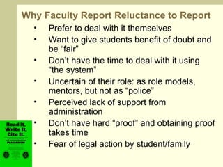 Why Faculty Report Reluctance to Report Prefer to deal with it themselves Want to give students benefit of doubt and be “fair” Don’t have the time to deal with it using “the system” Uncertain of their role: as role models, mentors, but not as “police” Perceived lack of support from administration Don’t have hard “proof” and obtaining proof takes time Fear of legal action by student/family 