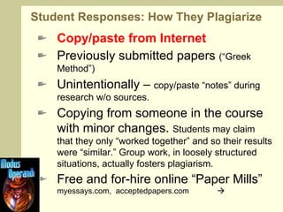 Student Responses: How They Plagiarize Copy/paste from Internet Previously submitted papers  (“Greek Method”) Unintentionally –  copy/paste “notes” during research w/o sources. Copying from someone in the course with minor changes.  Students may claim that they only “worked together” and so their results were “similar.” Group work, in loosely structured situations, actually fosters plagiarism. Free and for-hire online “Paper Mills”  myessays.com,  acceptedpapers.com   