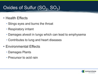 Oxides of Sulfur (SO2, SO3)
• Health Effects
• Stings eyes and burns the throat
• Respiratory irritant
• Damages alveoli in lungs which can lead to emphysema
• Contributes to lung and heart diseases
• Environmental Effects
• Damages Plants
• Precursor to acid rain
 
