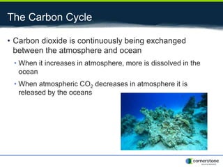 The Carbon Cycle
• Carbon dioxide is continuously being exchanged
between the atmosphere and ocean
• When it increases in atmosphere, more is dissolved in the
ocean
• When atmospheric CO2 decreases in atmosphere it is
released by the oceans
 