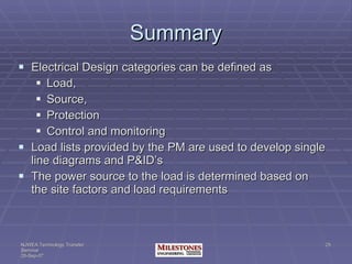 Summary Electrical Design categories can be defined as  Load,  Source, Protection  Control and monitoring Load lists provided by the PM are used to develop single line diagrams and P&ID’s The power source to the load is determined based on the site factors and load requirements 