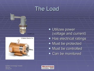 The Load Utilizes power (voltage and current) Has electrical ratings Must be protected Must be controlled Can be monitored ©   Baldor Electric Co. © LDPI, Inc. 