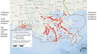 25 Parishes
included in
emergency
declaration
2,230 total
incidents
2,150
geolocated
incidents
440
incidents
with
pollutant
specified
 