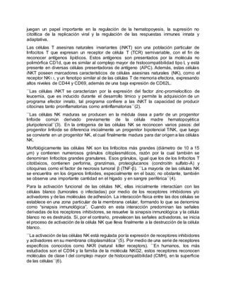 juegan un papel importante en la regulación de la hematopoyesis, la supresión no
citolítica de la replicación viral y la regulación de las respuestas inmunes innata y
adaptativa.
Las células T asesinas naturales invariantes (iNKT) son una población particular de
linfocitos T que expresan un receptor de célula T (TCR) semivariable, con el fin de
reconocer antígenos lipídicos. Estos antígenos son presentados por la molécula no
polimórfica CD1d, que es similar al complejo mayor de histocompatibilidad tipo I, y está
presente en diversas células presentadoras de antígeno (APC). Además, estas células
iNKT poseen marcadores característicos de células asesinas naturales (NK), como el
receptor NK1.1, y un fenotipo similar al de las células T de memoria efectora, expresando
altos niveles de CD44 y CD69, además de una baja expresión de CD62L.
``Las células iNKT se caracterizan por la expresión del factor zinc-promielocítico de
leucemia, que es inducido durante el desarrollo tímico y permite la adquisición de un
programa efector innato, tal programa confiere a las iNKT la capacidad de producir
citocinas tanto proinflamatorias como antinflamatorias``(2).
``Las células NK maduras se producen en la médula ósea a partir de un progenitor
linfoide común derivado previamente de la célula madre hematopoyética
pluripotencial``(3). En la ontogenia de las células NK se reconocen varios pasos: del
progenitor linfoide se diferencia inicialmente un progenitor bipotencial T/NK, que luego
se convierte en un progenitor NK, el cual finalmente madura para dar origen a las células
NK.
Morfológicamente las células NK son los linfocitos más grandes (diámetro de 10 a 15
µm) y contienen numerosos gránulos citoplasmáticos, razón por la cual también se
denominan linfocitos grandes granulares. Esos gránulos, igual que los de los linfocitos T
citotóxicos, contienen perforina, granzimas, proteoglucanos (condroitín sulfato-A) y
citoquinas como el factor de necrosis tumoral β (TNF-β). ``La mayoría de las células NK
se encuentra en los órganos linfoides, especialmente en el bazo; no obstante, también
se observa una importante cantidad en el hígado y en sangre periférica``(4).
Para la activación funcional de las células NK, ellas inicialmente interactúan con las
células blanco (tumorales o infectadas) por medio de los receptores inhibidores y/o
activadores y de las moléculas de adhesión. La interacción física entre las dos células se
establece en una zona particular de la membrana celular, formando lo que se denomina
como “sinapsis inmunológica”. Cuando en esta interacción predominan las señales
derivadas de los receptores inhibidores, se resuelve la sinapsis inmunológica y la célula
blanco no es destruida. Si, por el contrario, prevalecen las señales activadoras, se inicia
el proceso de activación de la célula NK que lleva finalmente a la destrucción de la célula
blanco.
``La activación de las células NK está regulada por la expresión de receptores inhibidores
y activadores en su membrana citoplasmática``(5). Por medio de una serie de receptores
específicos conocidos como NKR (natural killer receptors). ``En humanos, los más
estudiados son el CD94 y la familia de la molécula NKG2, estos receptores reconocen
moléculas de clase I del complejo mayor de histocompatibilidad (CMH), en la superficie
de las células``(6).
 