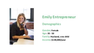 Emily Entrepreneur
Demographics
Gender: Female
Age: 35 - 50
Family: Husband, one child
Income: $100,000/year
 