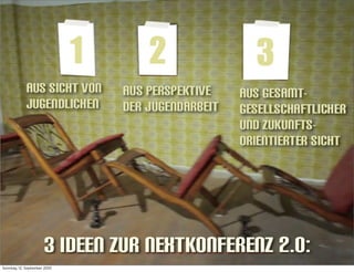 erstens: aus der Sicht des Jugendlichen
               zweitens: aus der Perspektive der
             Jugendarbeit bzw. der Jugendverbände
       drittens: aus gesamtgesellschaftlicher und
               zukunftsorientierter Sicht


Sonntag, 12. September 2010
 