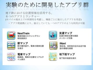 地下鉄における位置情報を活用する、
６つのアプリとランチャー
(モバイル端末上での利便性を考慮し、機能ごとに独立したアプリを用意)
 - アプリ間連携により、独立していても一つのアプリのような利用が可能
 