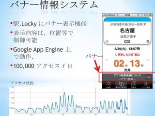 • 駅.Locky にバナー表示機能
• 表示内容は、位置等で
 制御可能
• Google App Engine 上
 で動作.                   バナー
• 100,000 アクセス / 日

アクセス状況
 